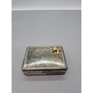 Vintage Embellished Bow Lidded box Silver tone Metal Trinket Jewelry Ring Box